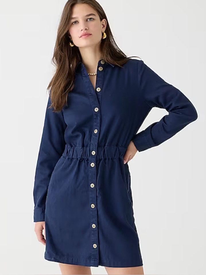J. Crew Navy Long-Sleeve Button-Front Shirt Dress